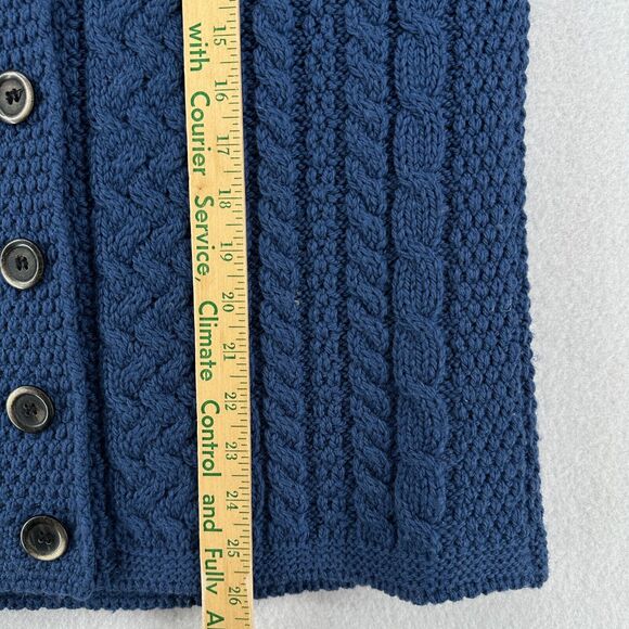 QUILLS Cardigan Womens M 100% Merino Wool Button Up Cable Fisherman Blue Ireland - Picture 11 of 12